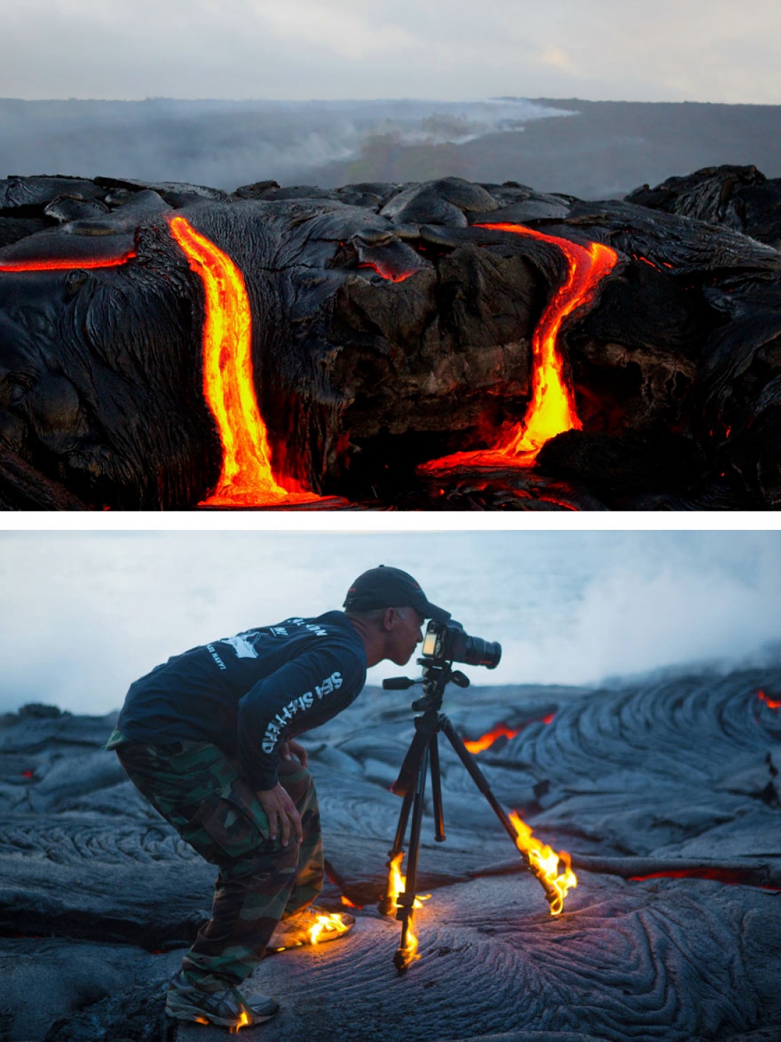 Будем делать горячо. Фотограф в лаве. Фотограф и вулкан. Люди рядом с лавой.